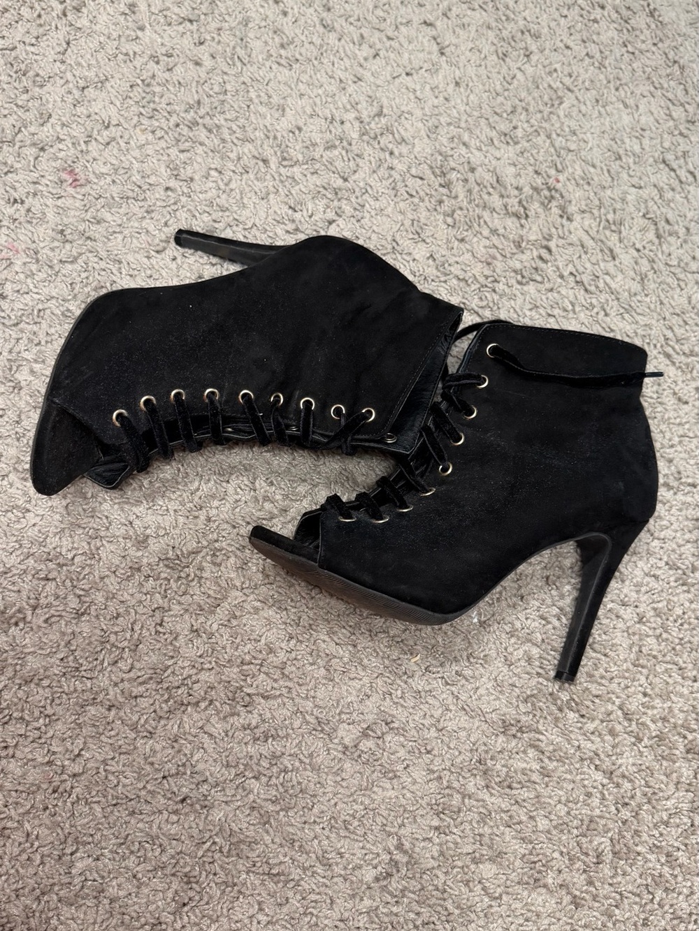 Black Lace-Up Peep-Toe Stiletto Ankle Boots